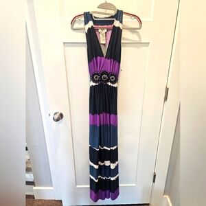 ICE Petite Beaded Waist Maxi Dress 8P Purple Navy Ombre Sleeveless Stretch